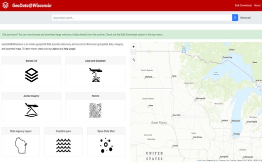 GeoData@Wisconsin geoportal homepage view
